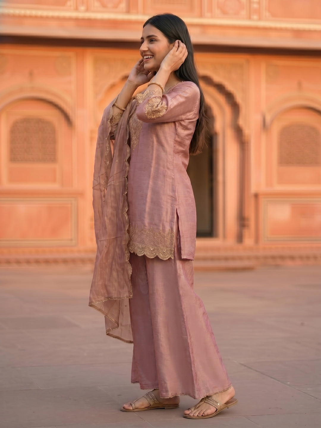 Solid Ethnic Embroidered Straight Fit Kurta with Sharara & Dupatta - Pink
