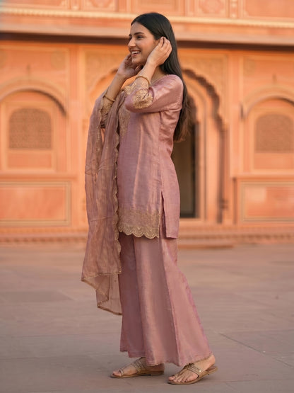 Solid Ethnic Embroidered Straight Fit Kurta with Sharara & Dupatta - Pink