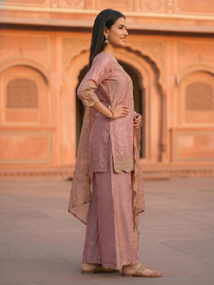 Solid Ethnic Embroidered Straight Fit Kurta with Sharara & Dupatta - Pink