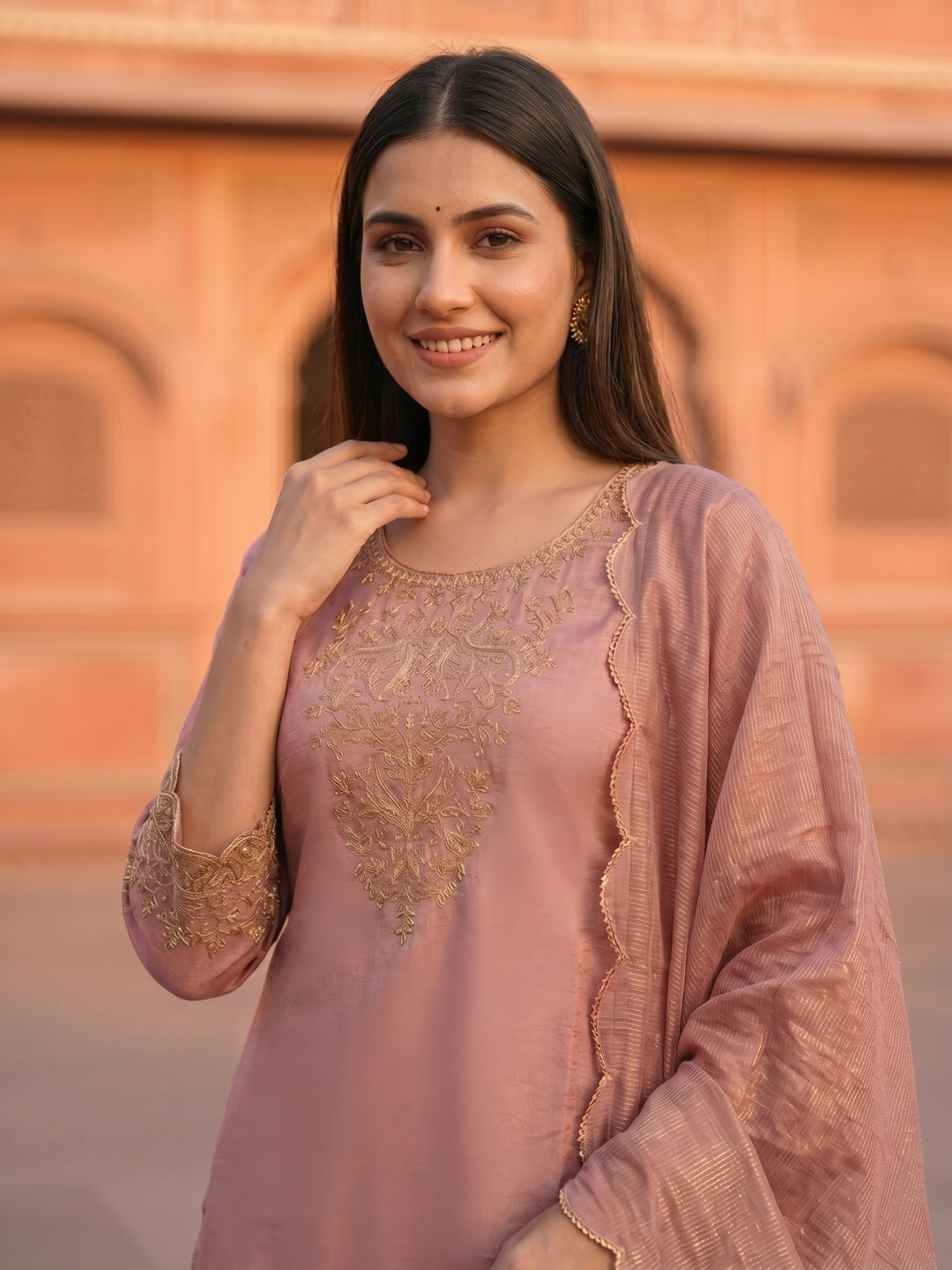 Solid Ethnic Embroidered Straight Fit Kurta with Sharara & Dupatta - Pink