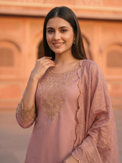 Solid Ethnic Embroidered Straight Fit Kurta with Sharara & Dupatta - Pink