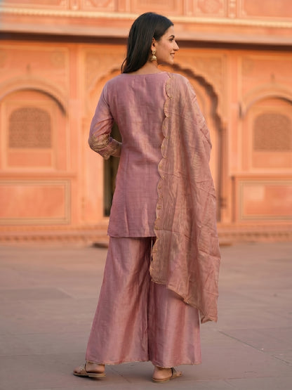 Solid Ethnic Embroidered Straight Fit Kurta with Sharara & Dupatta - Pink
