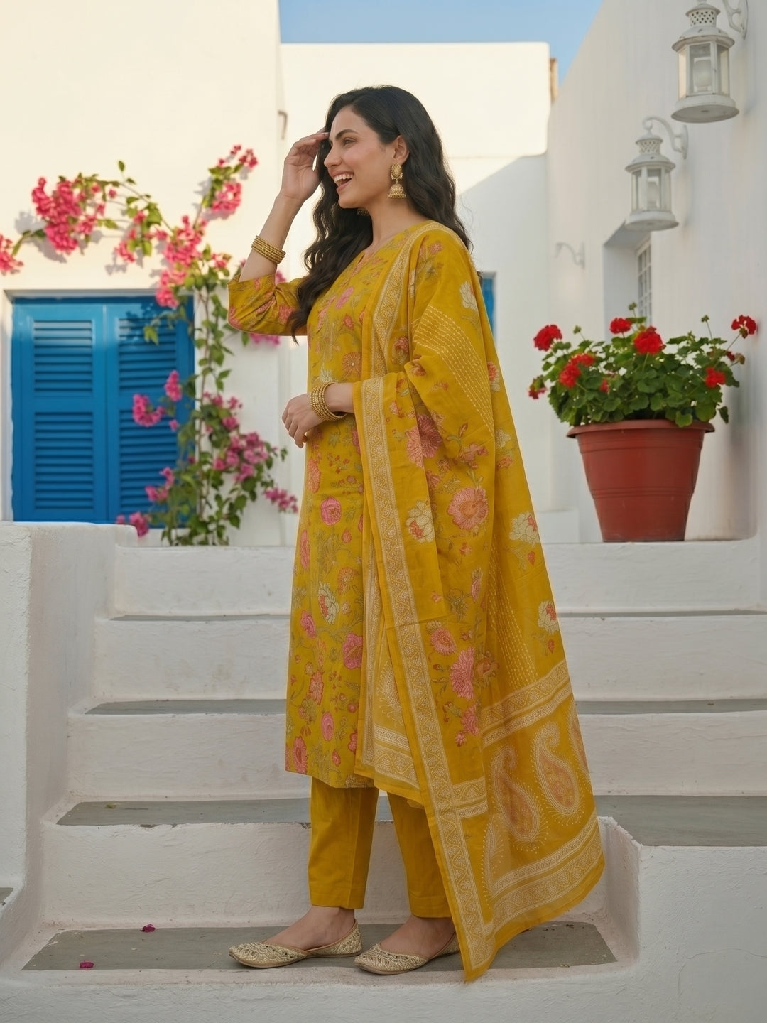 Lime Green Floral Printed & Embroidered Straight Kurta with Pant & Dupatta