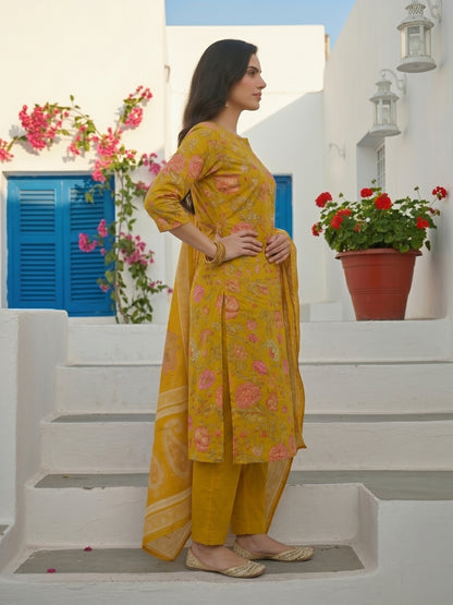 Lime Green Floral Printed & Embroidered Straight Kurta with Pant & Dupatta