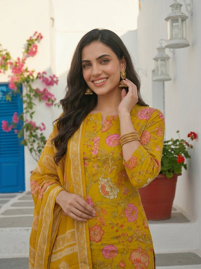 Lime Green Floral Printed & Embroidered Straight Kurta with Pant & Dupatta