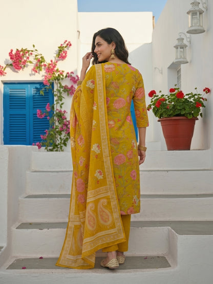 Lime Green Floral Printed & Embroidered Straight Kurta with Pant & Dupatta