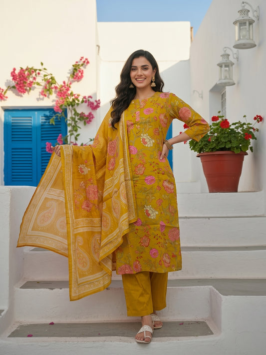 Lime Green Floral Printed & Embroidered Straight Kurta with Pant & Dupatta