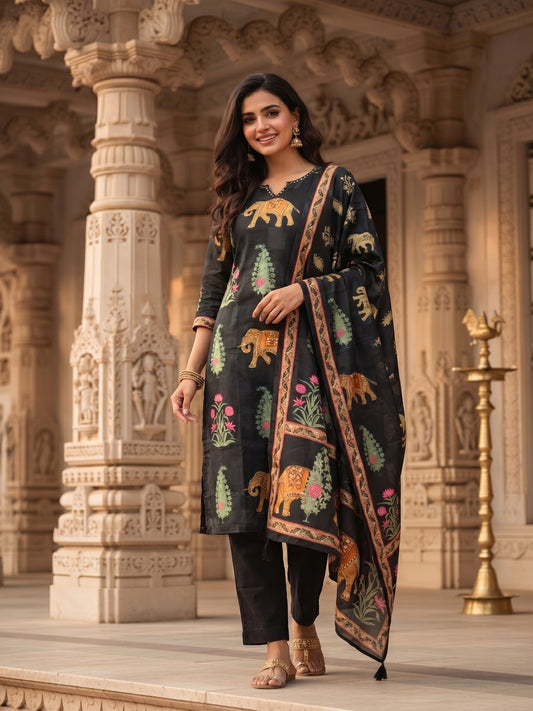 Black Ethnic Heritage Motif Printed Straight Kurta Set with Pant & Dupatta