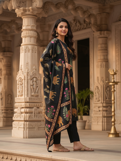 Black Ethnic Heritage Motif Printed Straight Kurta Set with Pant & Dupatta