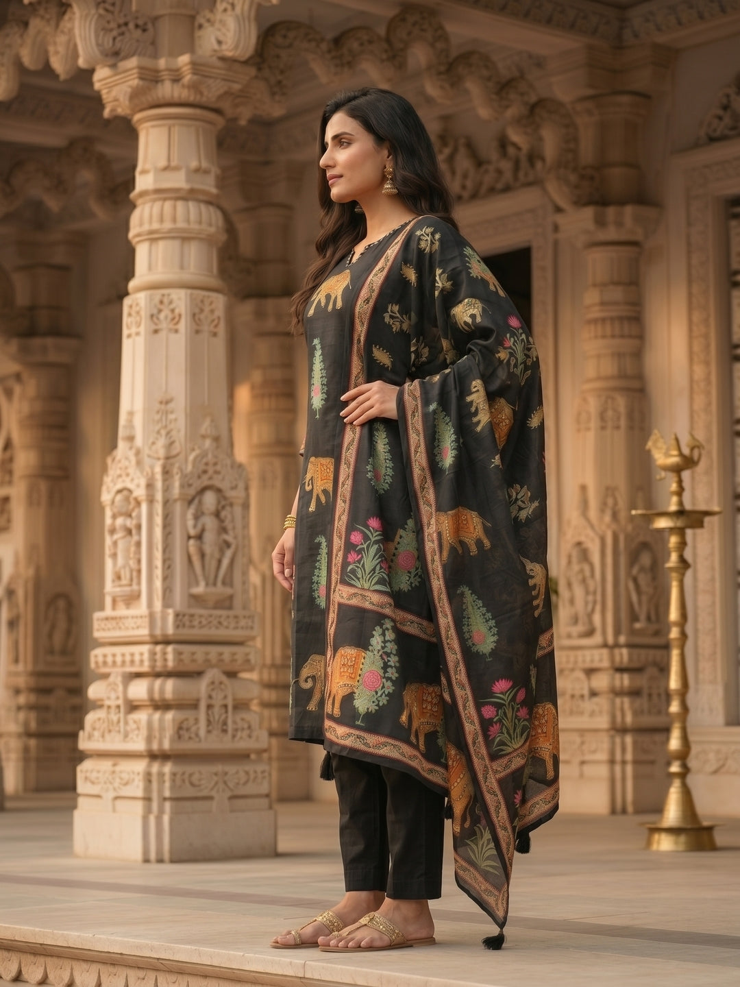 Black Ethnic Heritage Motif Printed Straight Kurta Set with Pant & Dupatta