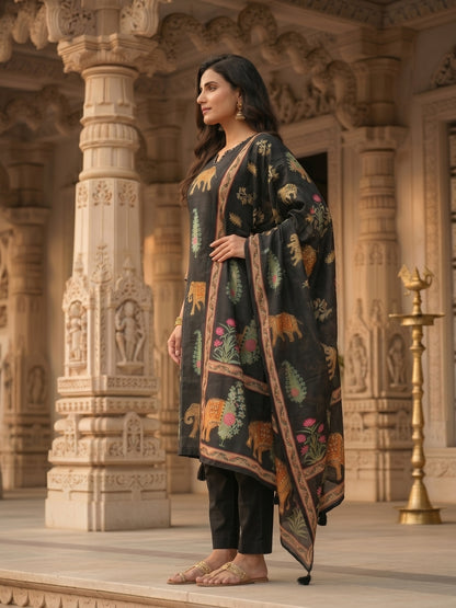 Black Ethnic Heritage Motif Printed Straight Kurta Set with Pant & Dupatta