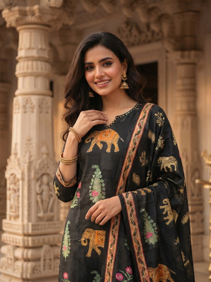 Black Ethnic Heritage Motif Printed Straight Kurta Set with Pant & Dupatta