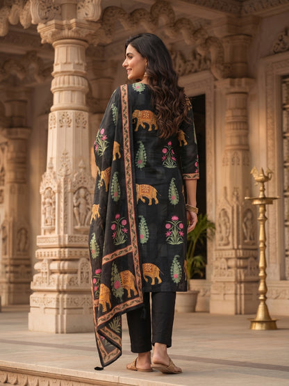 Black Ethnic Heritage Motif Printed Straight Kurta Set with Pant & Dupatta