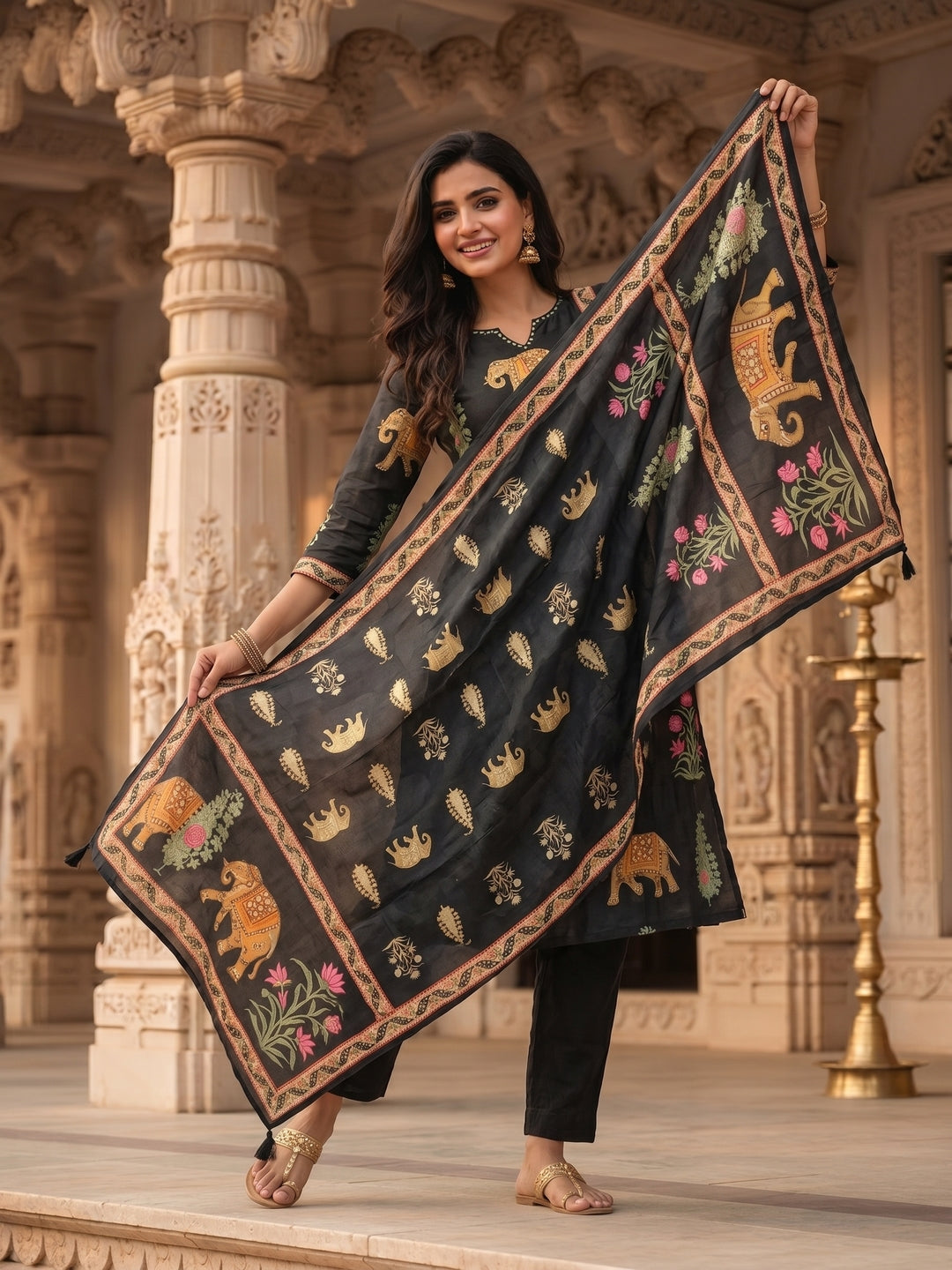 Black Ethnic Heritage Motif Printed Straight Kurta Set with Pant & Dupatta