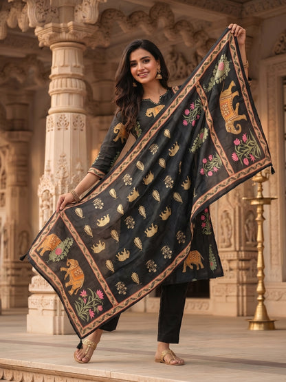 Black Ethnic Heritage Motif Printed Straight Kurta Set with Pant & Dupatta