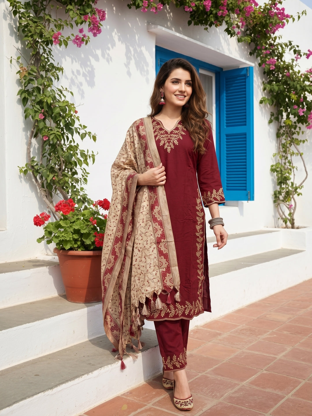 Solid Dori Work Embroidered Straight Kurta with Palazzo & Dupatta - Maroon