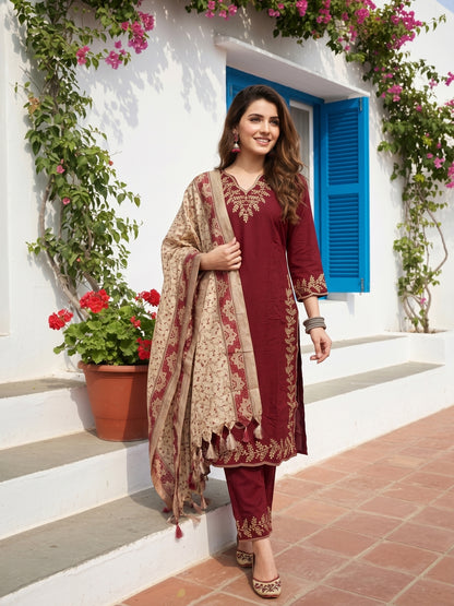 Solid Dori Work Embroidered Straight Kurta with Palazzo & Dupatta - Maroon