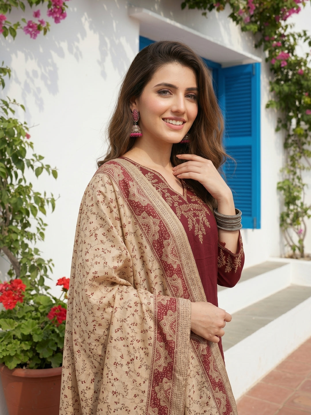 Solid Dori Work Embroidered Straight Kurta with Palazzo & Dupatta - Maroon