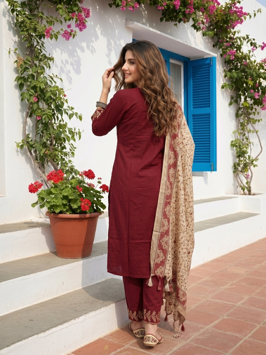 Solid Dori Work Embroidered Straight Kurta with Palazzo & Dupatta - Maroon