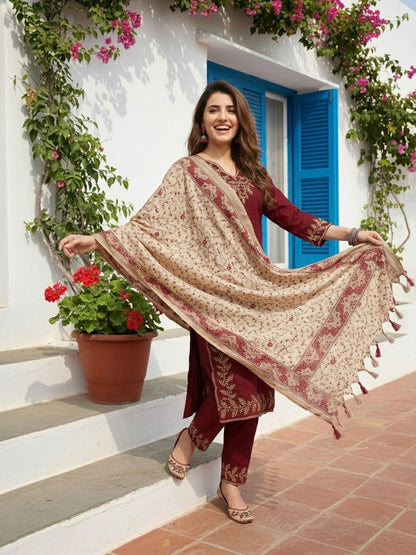 Solid Dori Work Embroidered Straight Kurta with Palazzo & Dupatta - Maroon