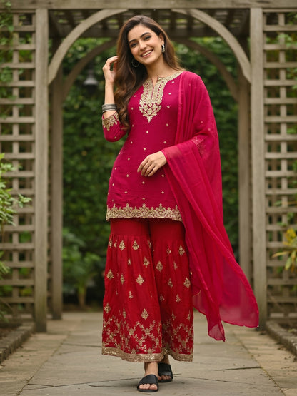 Red Solid Sequin Embroidered Straight Kurta with Sharara & Dupatta
