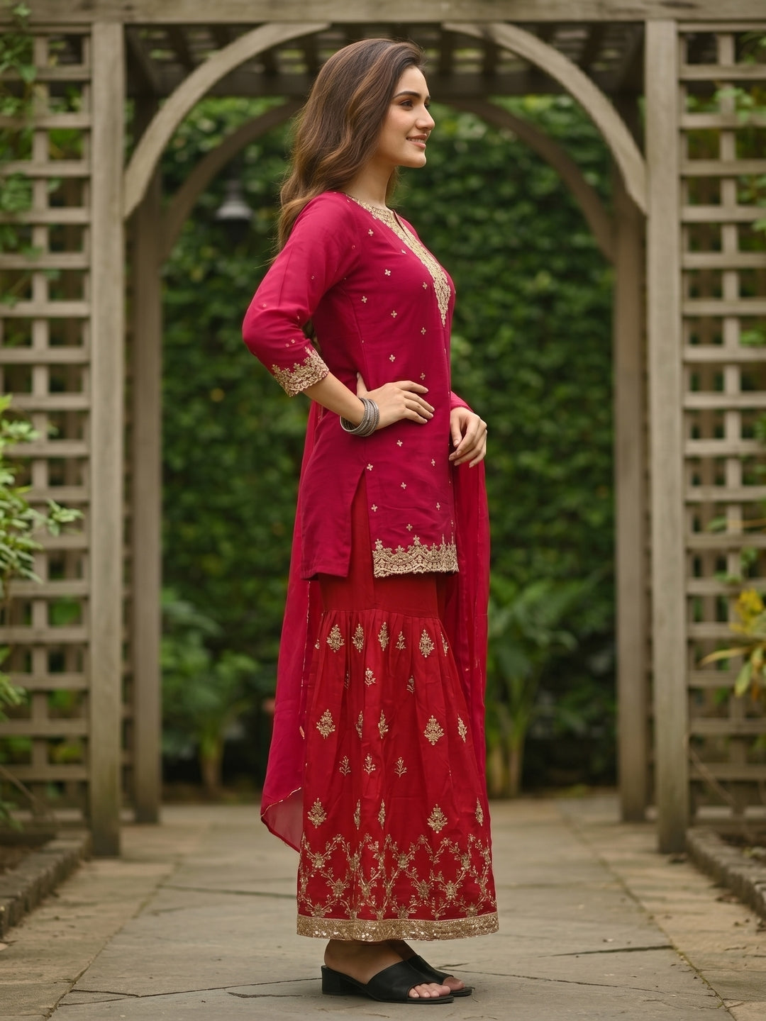 Red Solid Sequin Embroidered Straight Kurta with Sharara & Dupatta