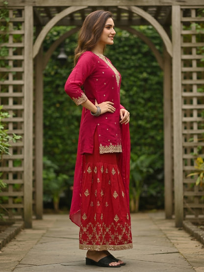 Red Solid Sequin Embroidered Straight Kurta with Sharara & Dupatta