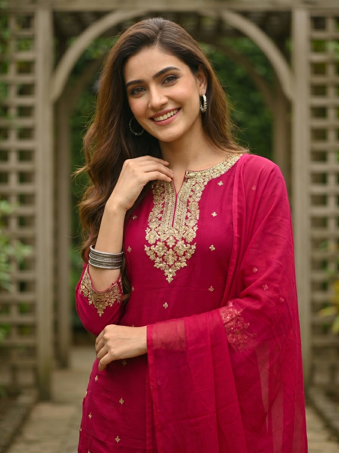 Red Solid Sequin Embroidered Straight Kurta with Sharara & Dupatta