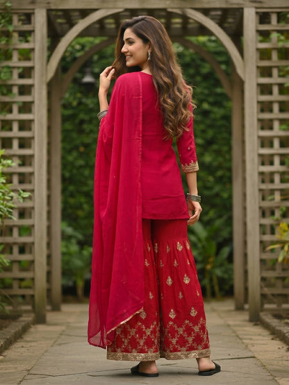Red Solid Sequin Embroidered Straight Kurta with Sharara & Dupatta