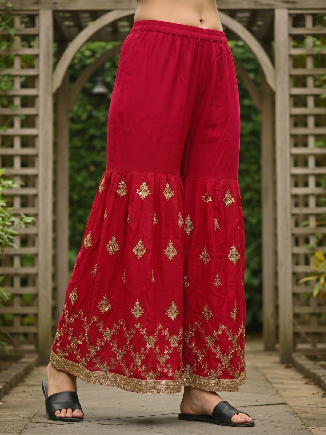 Red Solid Sequin Embroidered Straight Kurta with Sharara & Dupatta