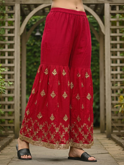 Red Solid Sequin Embroidered Straight Kurta with Sharara & Dupatta