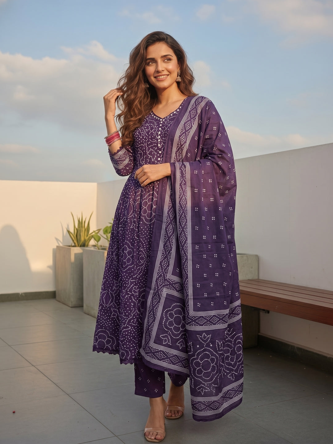 Purple Bandhani-Inspired Anarkali Kurta Set with Straight Pant & Dupatta