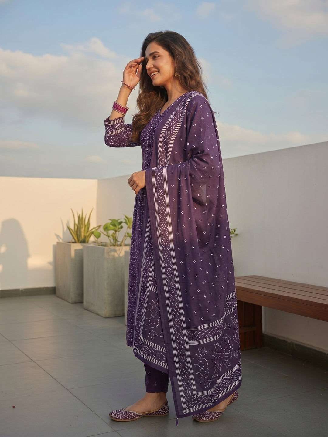 Purple Bandhani-Inspired Anarkali Kurta Set with Straight Pant & Dupatta