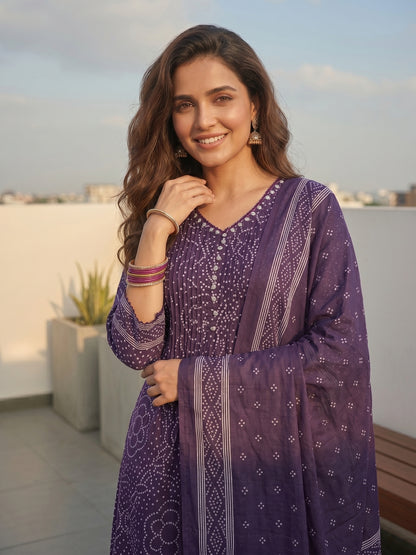 Purple Bandhani-Inspired Anarkali Kurta Set with Straight Pant & Dupatta