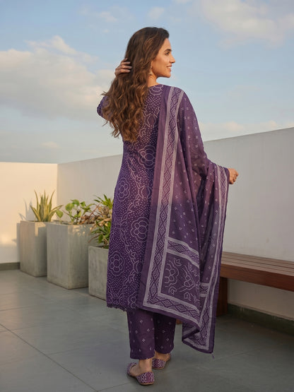 Purple Bandhani-Inspired Anarkali Kurta Set with Straight Pant & Dupatta