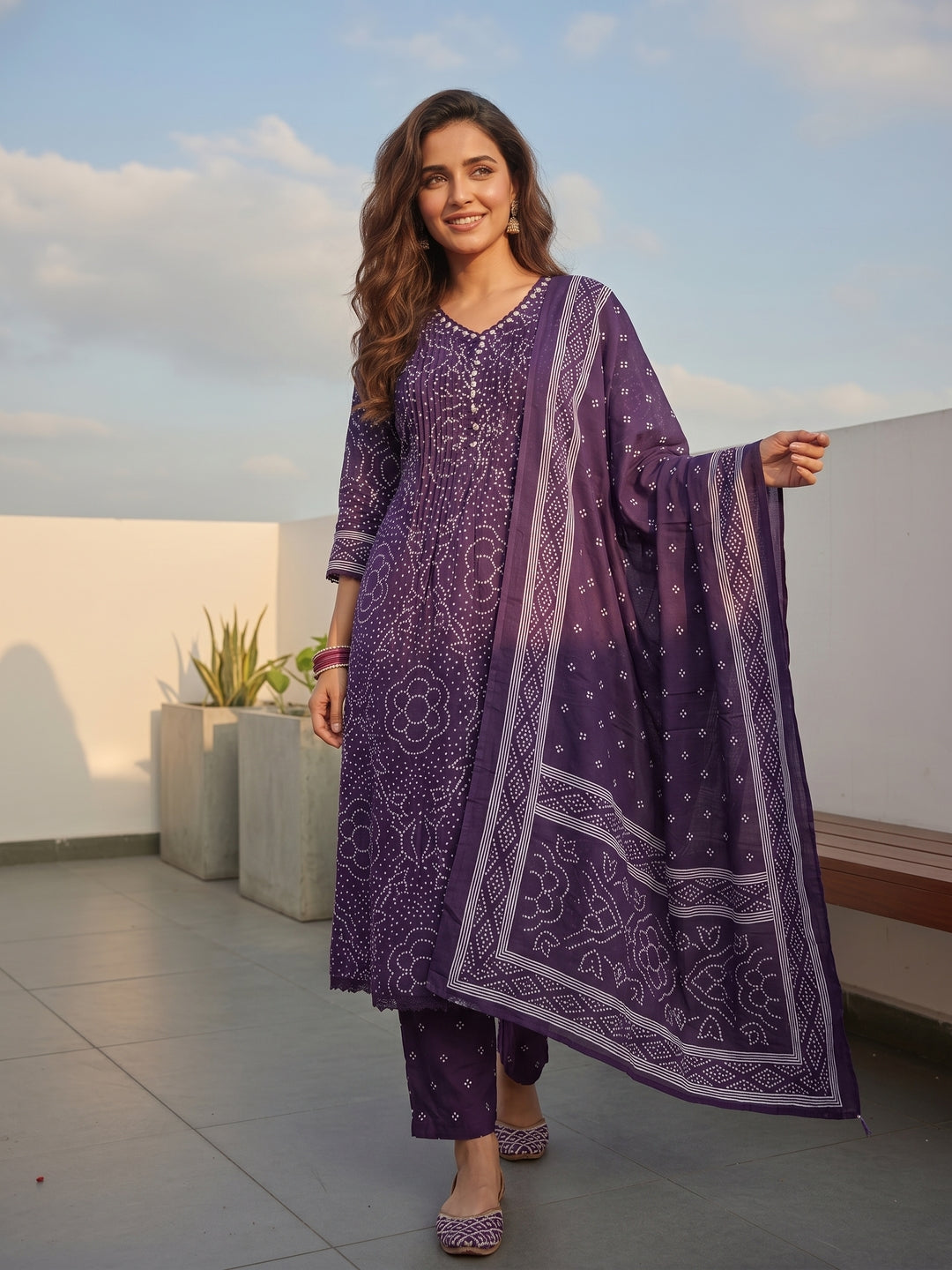 Purple Bandhani-Inspired Anarkali Kurta Set with Straight Pant & Dupatta