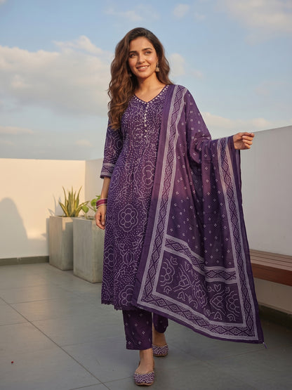 Purple Bandhani-Inspired Anarkali Kurta Set with Straight Pant & Dupatta