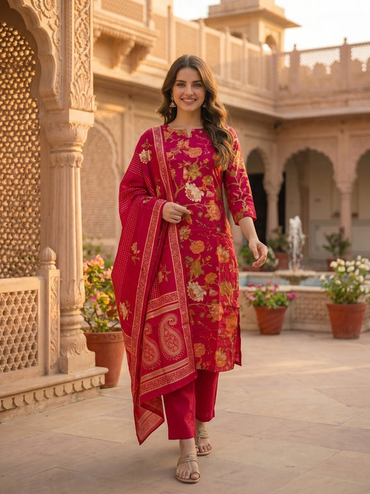 Floral Printed & Embroidered Straight Kurta with Pant & Dupatta - Red
