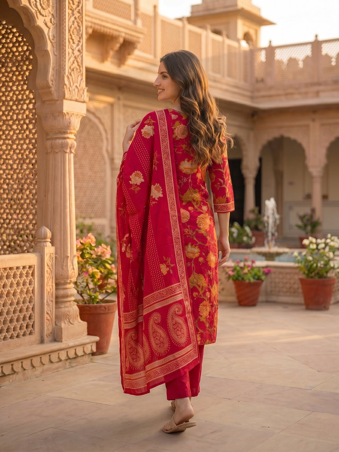 Floral Printed & Embroidered Straight Kurta with Pant & Dupatta - Red