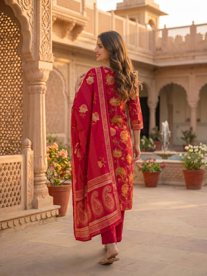 Floral Printed & Embroidered Straight Kurta with Pant & Dupatta - Red