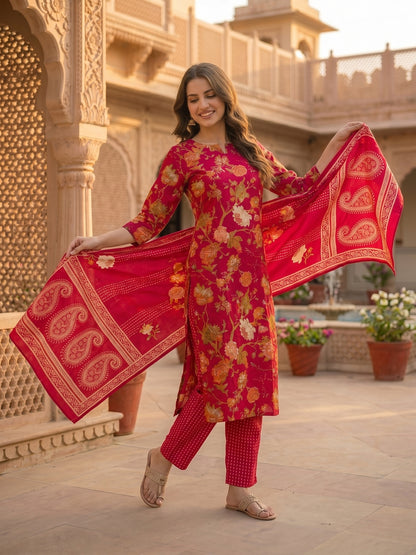 Floral Printed & Embroidered Straight Kurta with Pant & Dupatta - Red