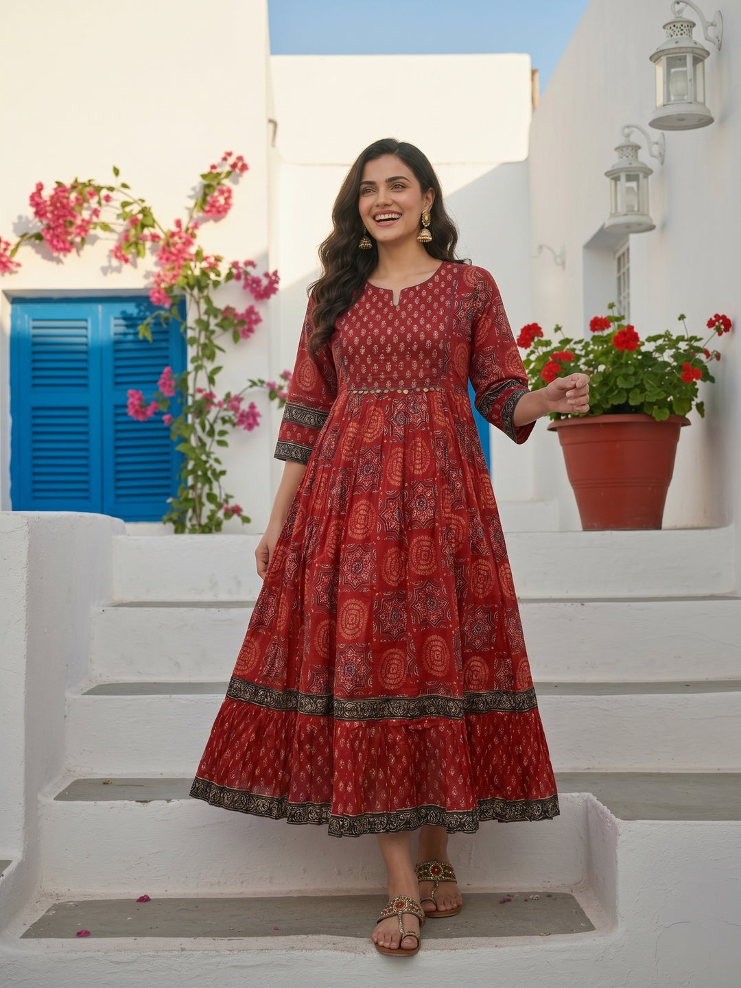 Ethnic Printed & Embroidered A-Line Pleated Maxi Dress - Red