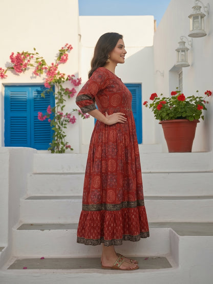 Ethnic Printed & Embroidered A-Line Pleated Maxi Dress - Red