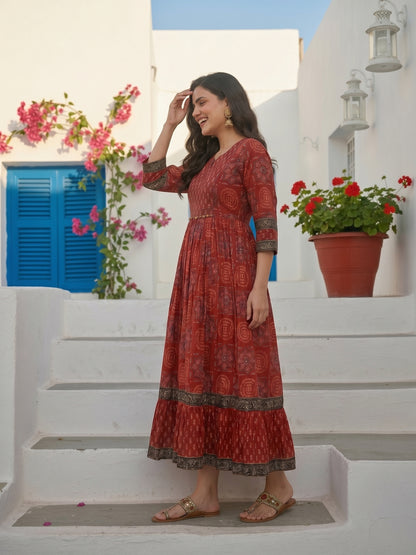 Ethnic Printed & Embroidered A-Line Pleated Maxi Dress - Red