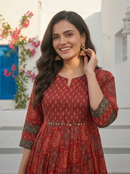 Ethnic Printed & Embroidered A-Line Pleated Maxi Dress - Red