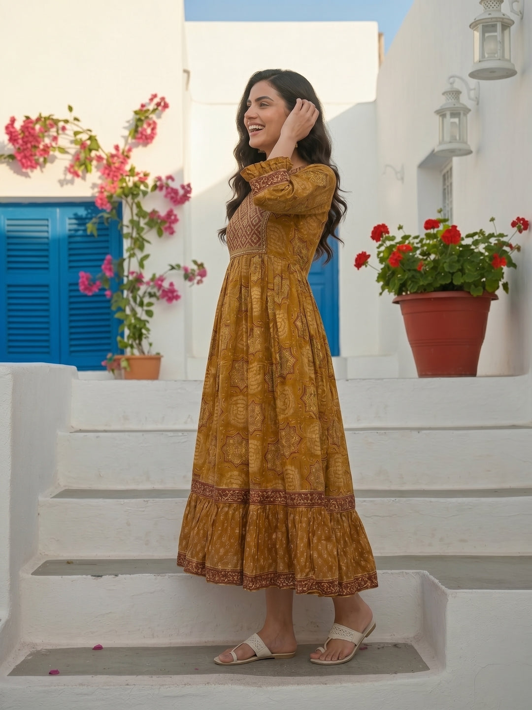 Ethnic Printed & Embroidered A-Line Pleated Maxi Dress - Mustard