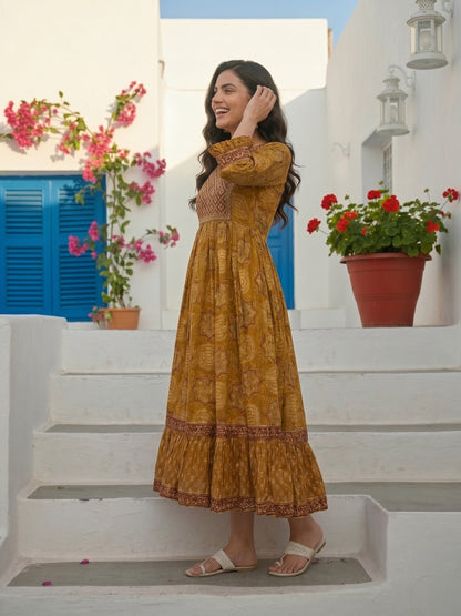 Ethnic Printed & Embroidered A-Line Pleated Maxi Dress - Mustard
