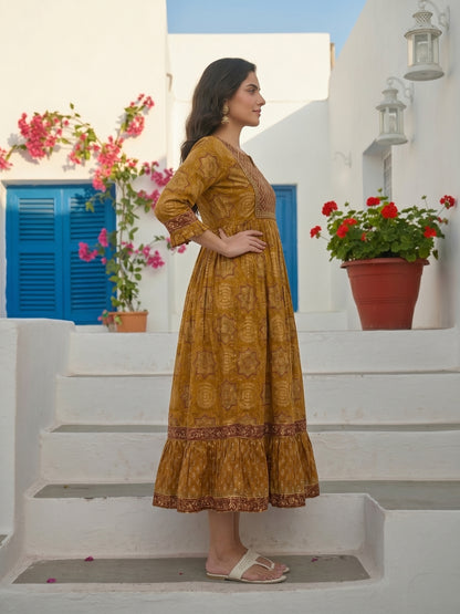 Ethnic Printed & Embroidered A-Line Pleated Maxi Dress - Mustard