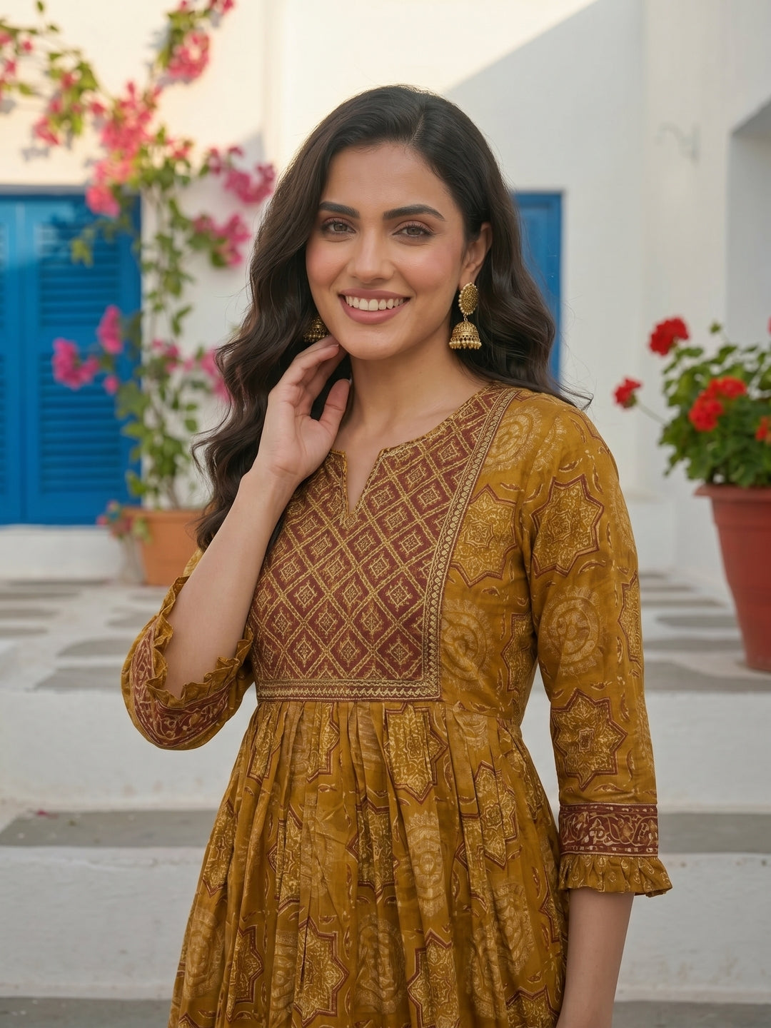 Ethnic Printed & Embroidered A-Line Pleated Maxi Dress - Mustard