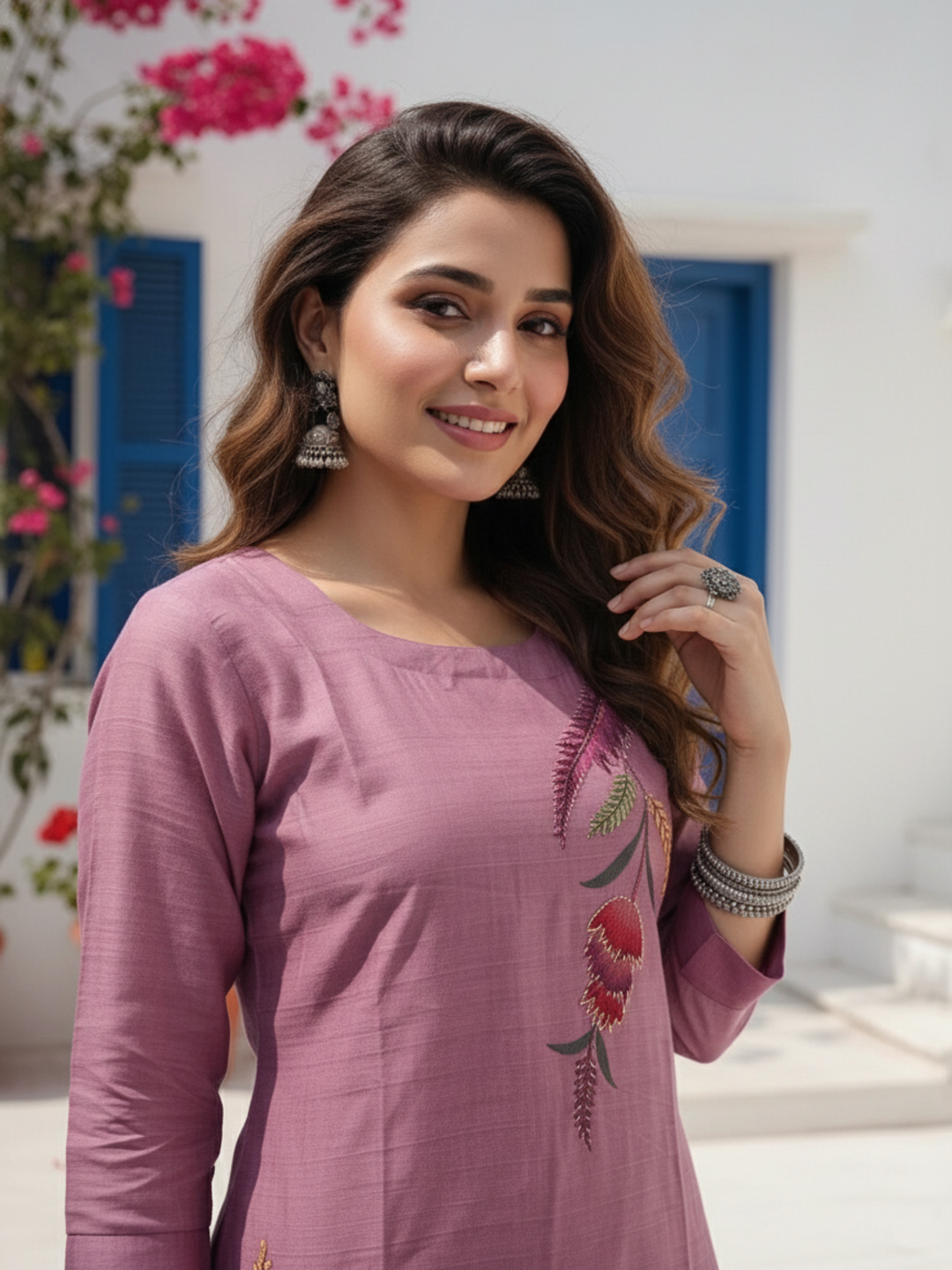 Floral Hand Painted & Embroidered Straight Kurta with Pant - Rose